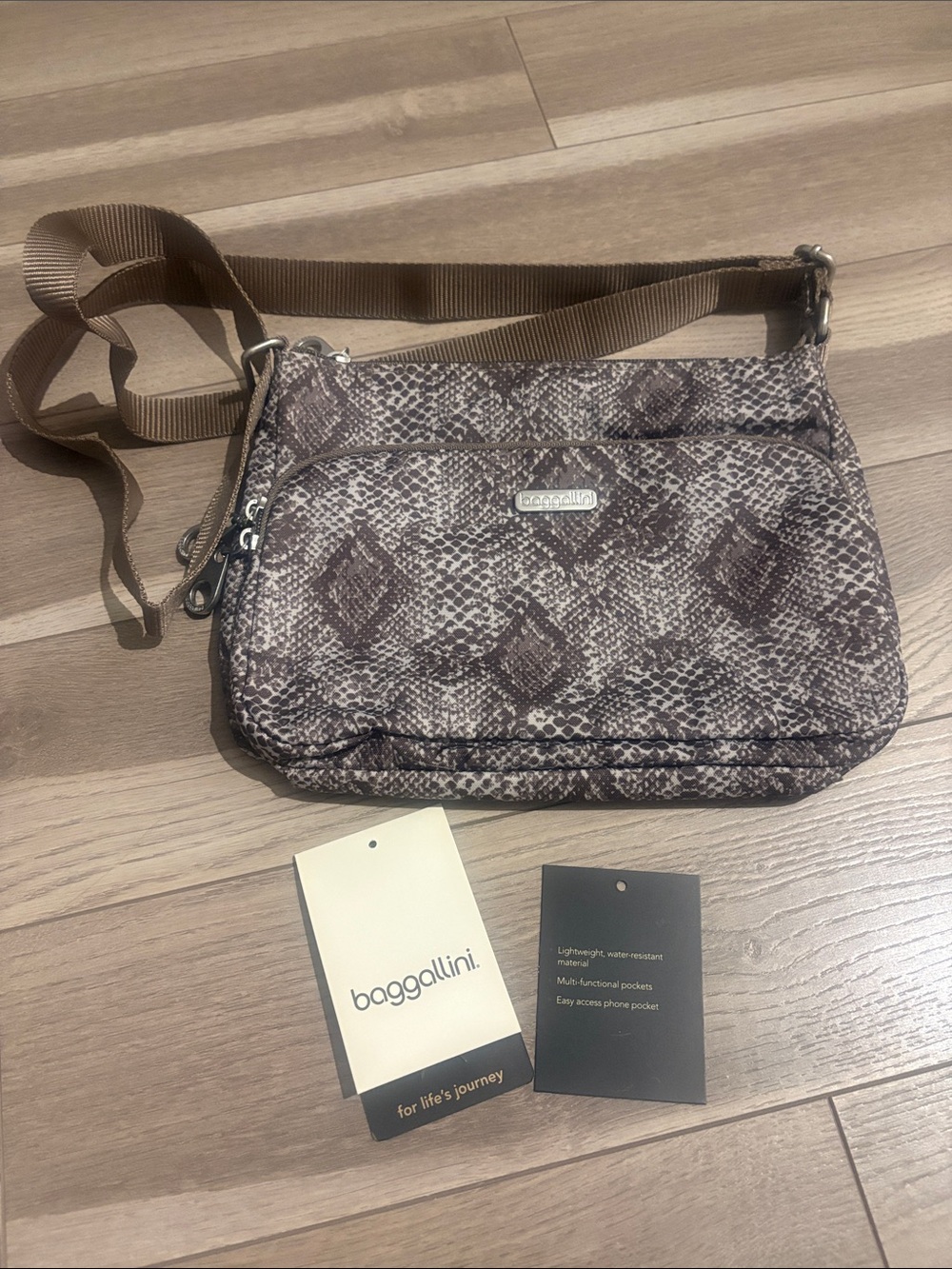 Baggallini Taupe Snake-Print Crossbody Bag